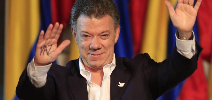 Colombian presidential candidate and President Santos celebrates after winning a second term in the country’s presidential elections in Bogota